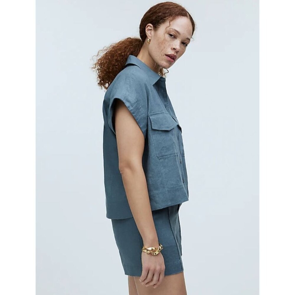 MADEWELL Flap-Pocket Button-Up Shirt in 100% Linen Blue XS NWT - Picture 3 of 11